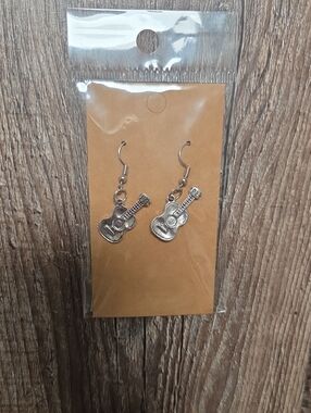 Home Made Silver Guitar Charm Drop Earrings